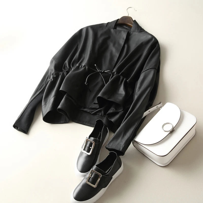 Women's Clothing Great Texture Women Loose Casual Genuine Leather Jacket Female Imported Frosted Sheepskin Drawstring Waist Coat