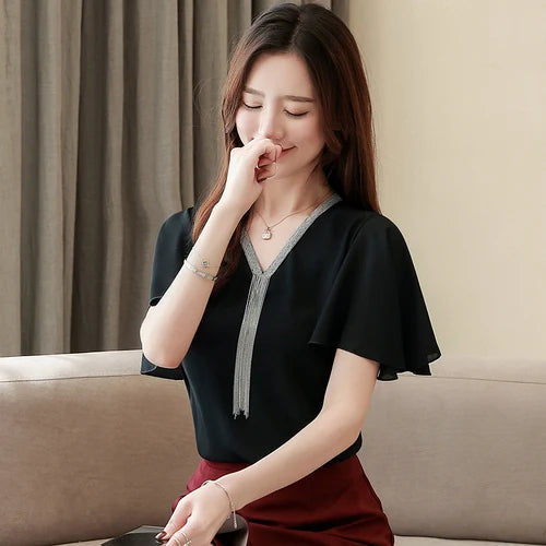 Blusas Blouses Femme Summer Tops Women Blouse Women Blusas Mujer De Moda 2024 Verano Tassel V-Neck Chiffon Blouse Shirt E767