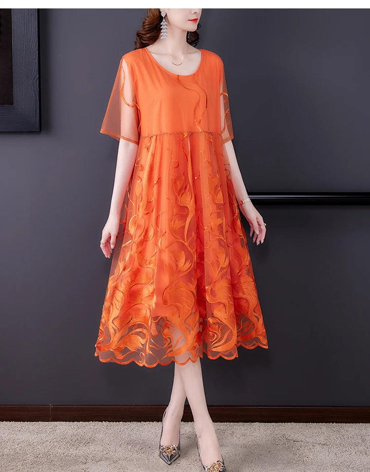 High Street Natural Silk Floral Embroidery Midi Dress Summer Casual Vintage Loose Beach Dress 2024 Women Elegant Party Vestidos