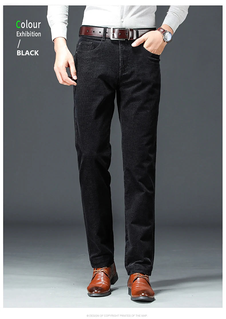 Spring Autumn New Men Pants Corduroy Fabric Comfortable Soft Casual Business Office Male Trousers Khaki Apricot Black Blue