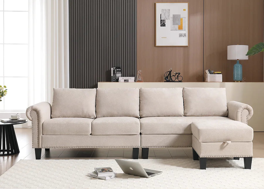 Convertible U-Shape Sectional Sofa Set with Storage Four-seater Modern Polyester Fabric for Hotel & Villa Living Rooms