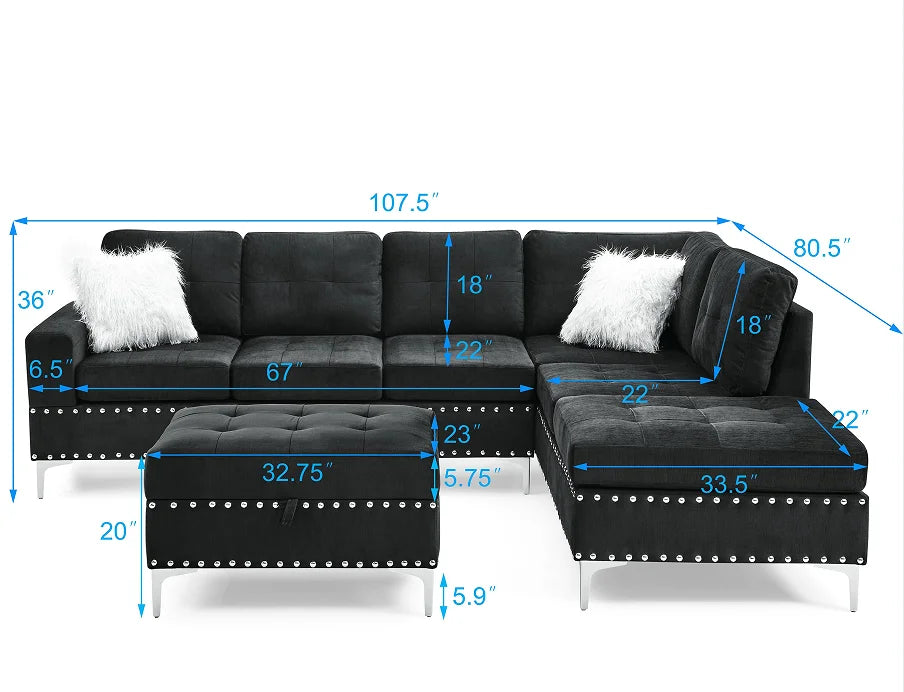 Modern Convertible Sectional 3-Seaters Sofa Set Reversible Chaise Storage Ottoman Cup Holders L-Shaped Velvet Memory Foam Metal