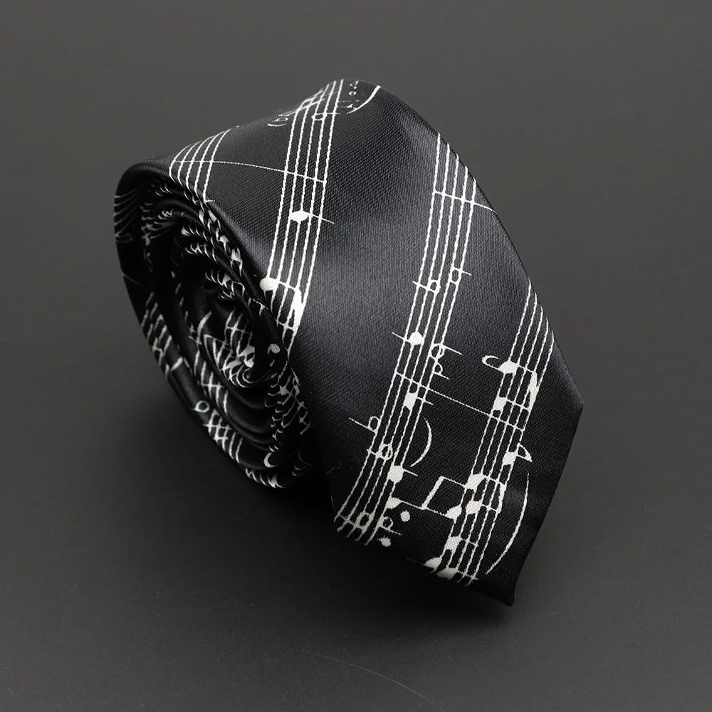 Classic Musical Notes Printed Tie Silky Narrow Neckties Slim Smooth Piano Guitar Necktie Simple Elegant Trendy Unisex Ties Gift
