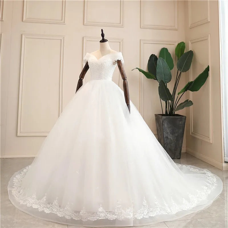 Shiny Wedding Gowns Sweet Boat Neck Wedding Party Ball Gown Off Shoulder Wedding Dresses Customized For Women