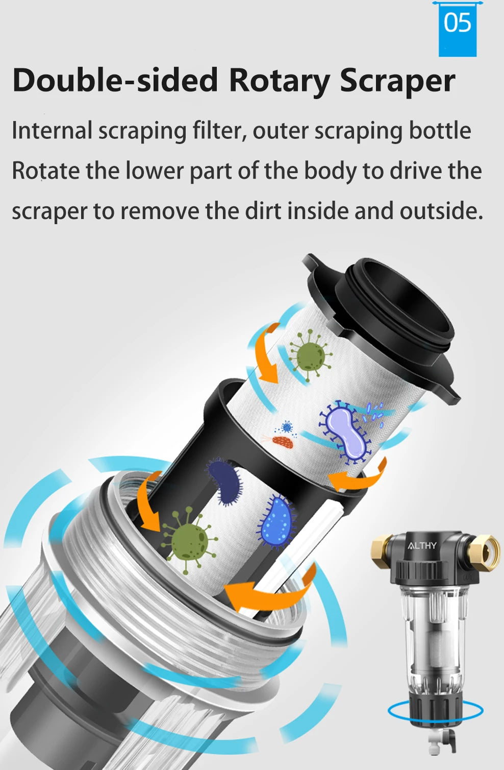 ALTHY Pre filter Whole House Spin Down Sediment Water Filter Central Prefilter Purifier System Backwash Stainless Steel Mesh