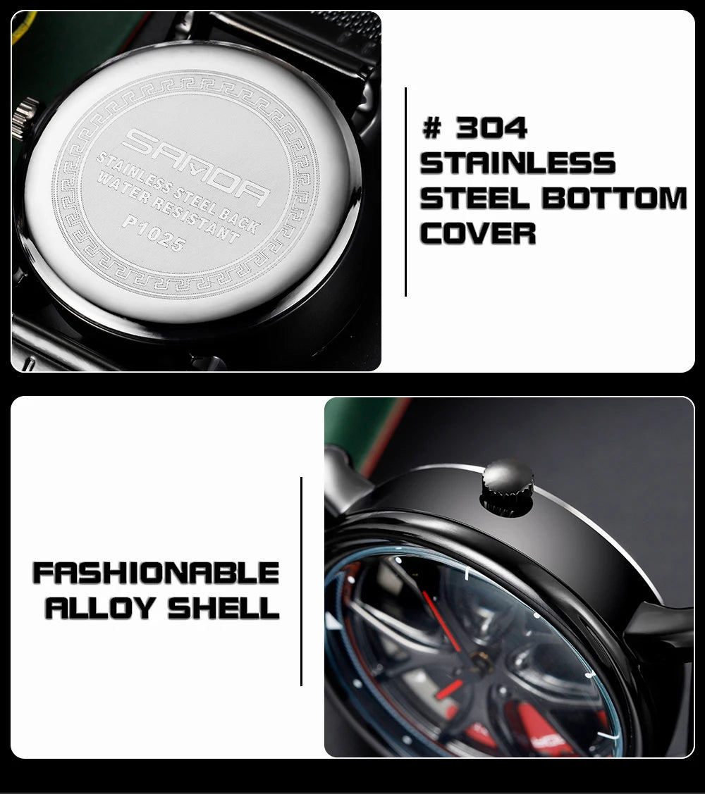 Men Watch Car Wheel Rim Hub Dial Male Wristwatch Skeleton Man Black Waterproof Watches Stainless Steel Quartz Relogio Masculino