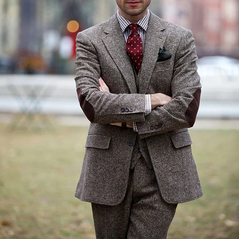 Latest 3 Piece Tweed Wool Men Suits for Winter Groom Tuxedo Male Fashion Wedding Costume Homme Jacket Vest Pants Tailor Made