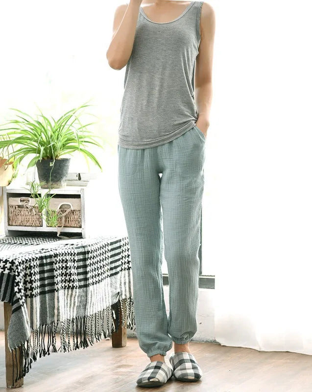 100% Gauze Cotton Home Drawstring Trousers Loose Sleeping Trousers Home Pants For Couples Pajama Pants Sleepwear Women 4 Season