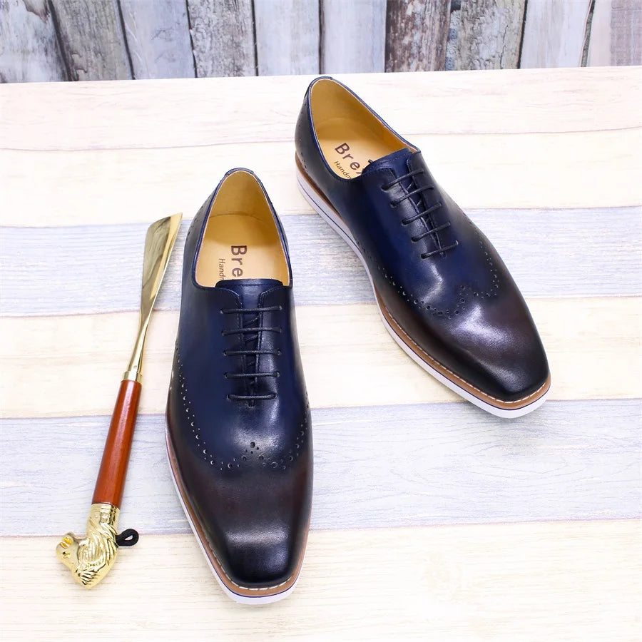 Genuine Leather Men's Casual Shoes Comfortable Lace-Up Brogue Handmade Flat Shoes Office Party Dating Formal Dress Men's Shoes
