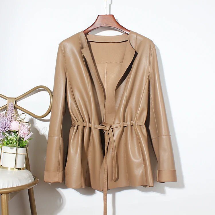 European Fashion Women Clothing Female Real Leather Jacket Mujer Draw Back Round Neck Pleated Belt Caramel Coat Veste Femme