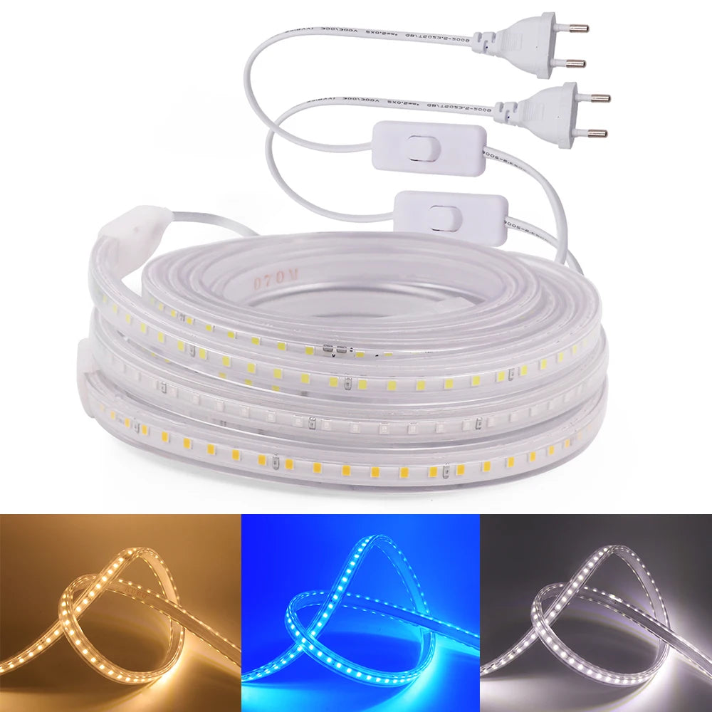 LED Strip Light 220V Flexible LED Tape SMD2835 120 LED Waterproof LED Ribbon with EU Switch Plug for Home Decoration