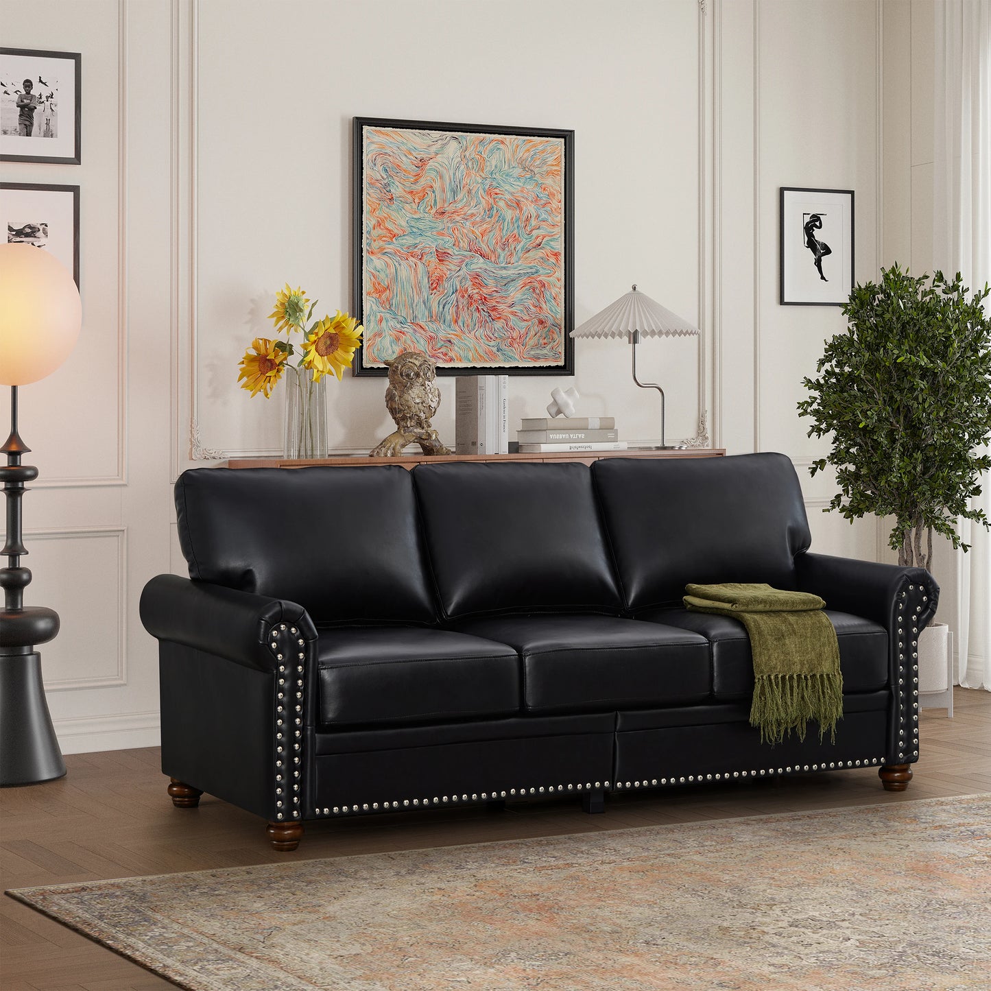 Modern Convertible Square Living Room Sofa Set Black PU Leather Apartment & Villa Use