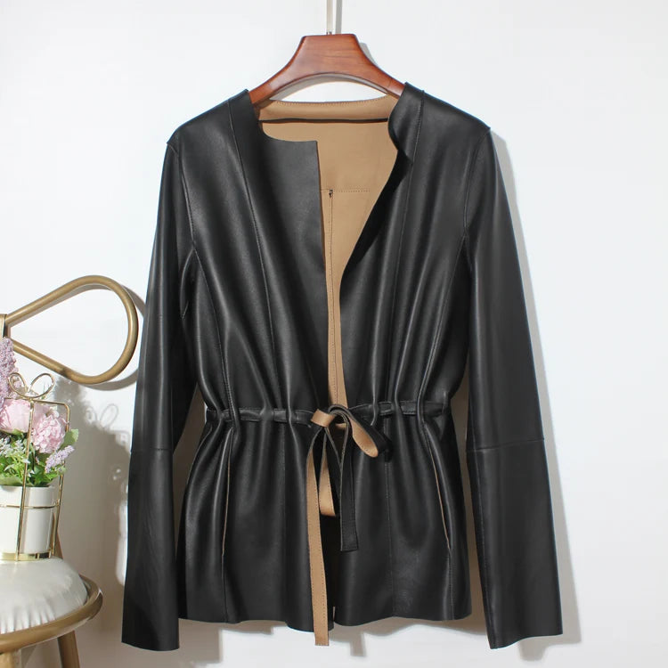 European Fashion Women Clothing Female Real Leather Jacket Mujer Draw Back Round Neck Pleated Belt Caramel Coat Veste Femme