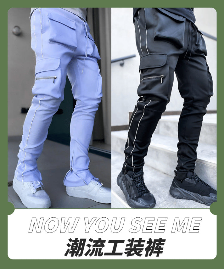 Spring and Autumn Workwear Pants Men's Fashion Brand Elastic Multi-Bag Reflective Straight Sports Fitness Casual Trousers