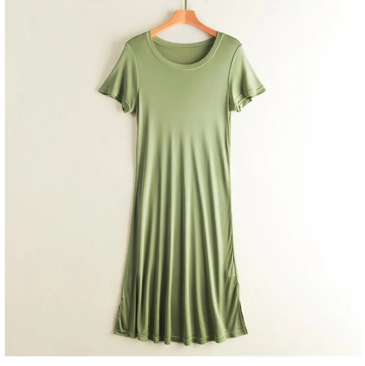 Knitted Silk Dress Solid Color Large Medium Long Mulberry Silk Short Sleeve Round Neck Bottomed Skirt