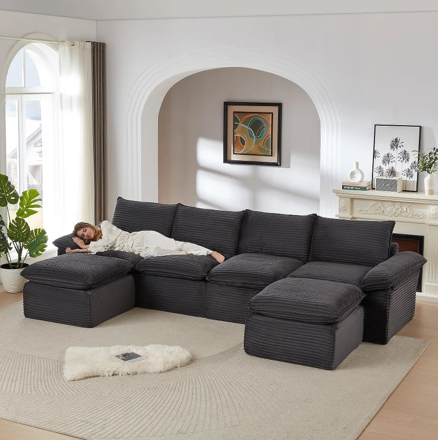 Boneless Oversized Sectional Compressed Foam Sofa Set Living Room Modern Convertible Modular Corduroy Vacuum Packaging