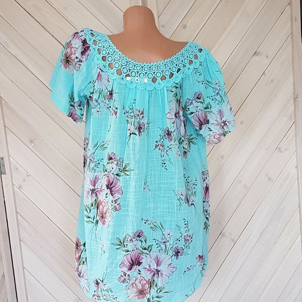 Women Summer Fashion Trendy Short Sleeve Lace Up Floral Print Blouses Tops  T-Shirts Casual Summer Lace Stitching Shirts