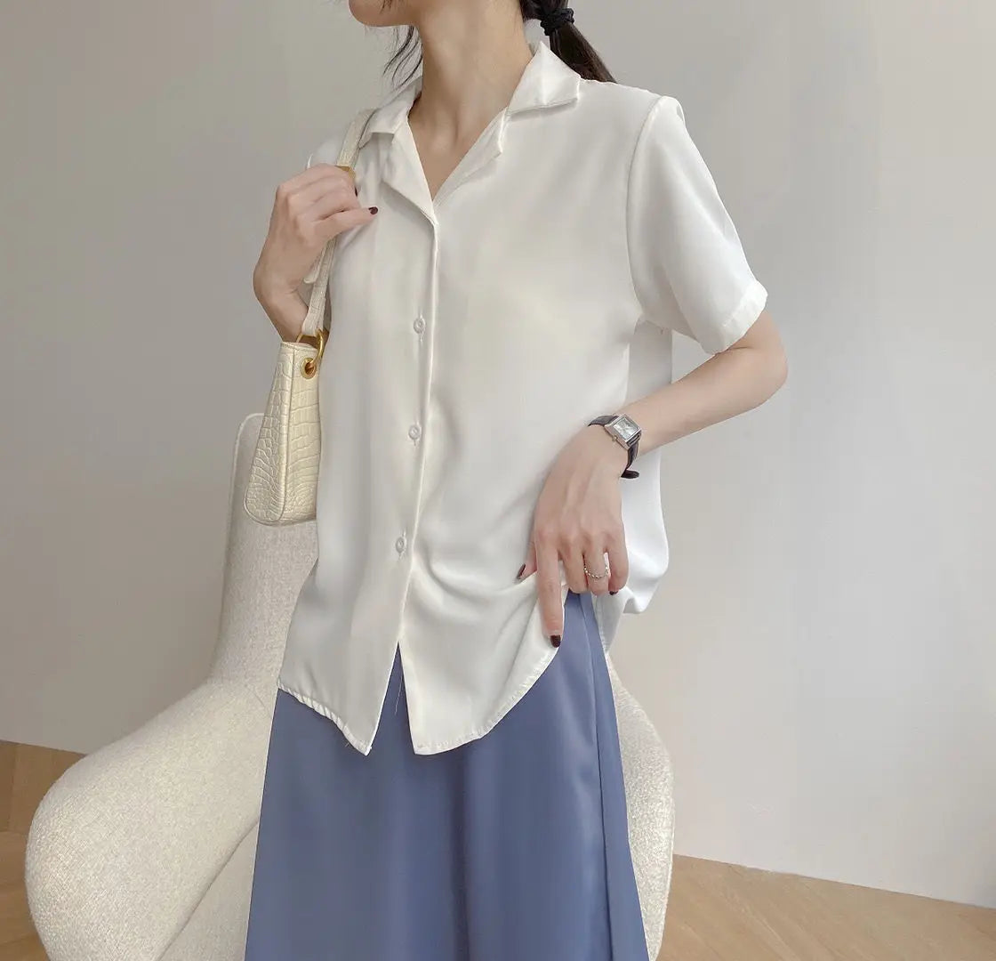 Women Summer Elegant Solid Chiffon Blouses Casual Turn Down Collar Short Sleeve Loose Shirts Korean Chic Top Female Tunic