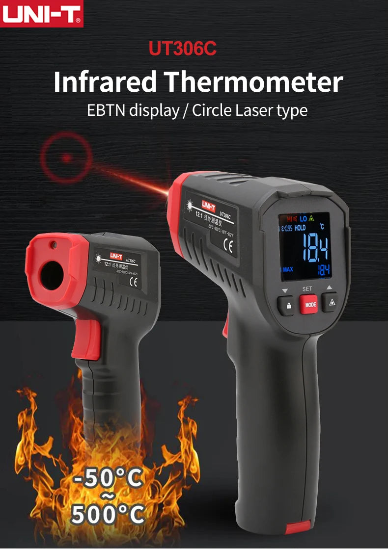 UNI-T UT306S UT306C Digital Infrared Thermometer Non-contact Laser Thermometer Gun Temperature Tester -50-500