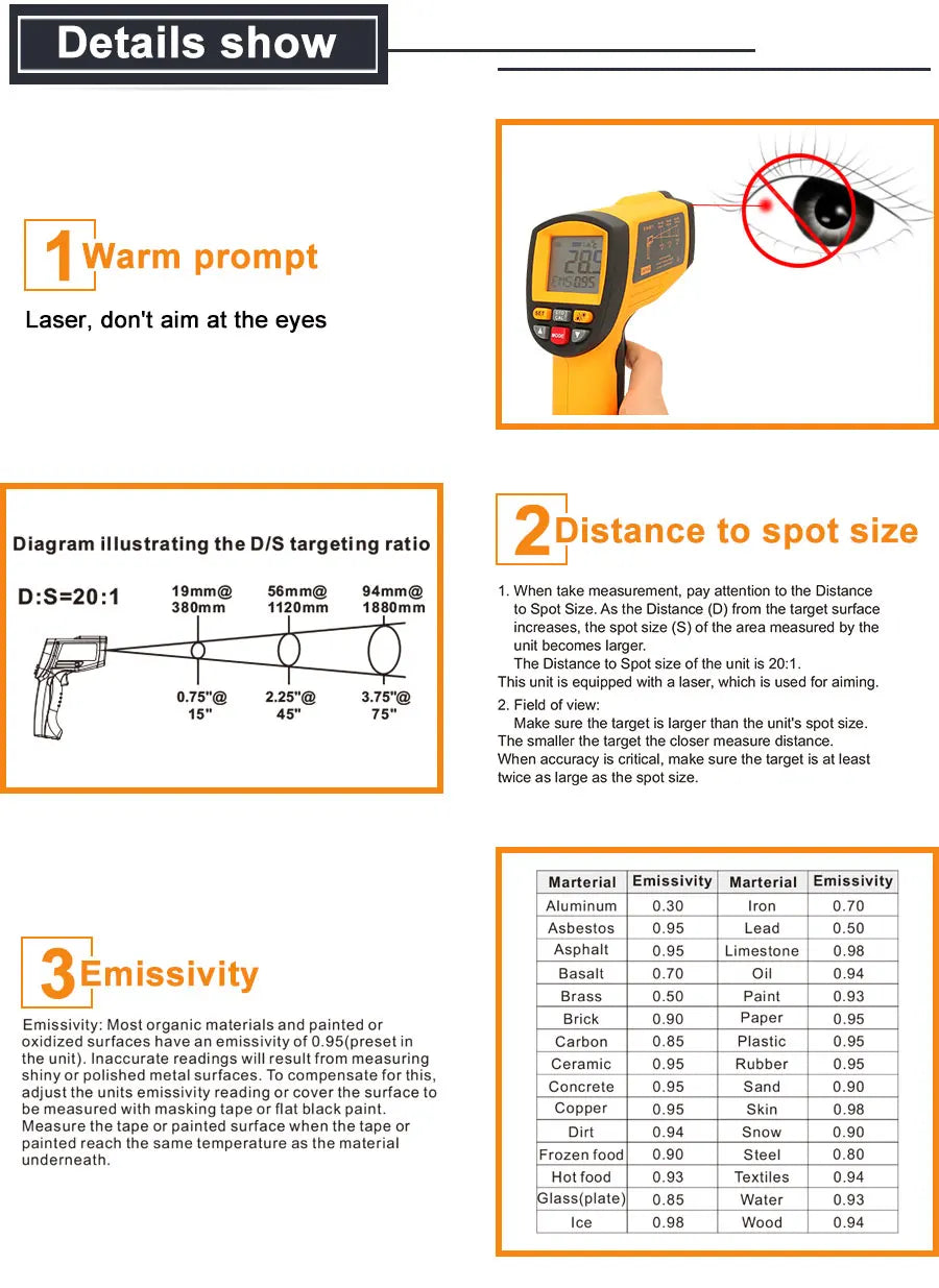 RZ Infrared Thermometer Non-Contact Temperature Meter Gun Handheld Digital LCD Industrial Outdoor Laser Pyrometer IR Thermometer
