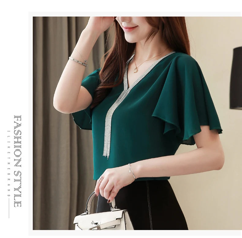 Blusas Blouses Femme Summer Tops Women Blouse Women Blusas Mujer De Moda 2024 Verano Tassel V-Neck Chiffon Blouse Shirt E767