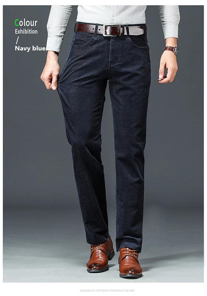 Spring Autumn New Men Pants Corduroy Fabric Comfortable Soft Casual Business Office Male Trousers Khaki Apricot Black Blue