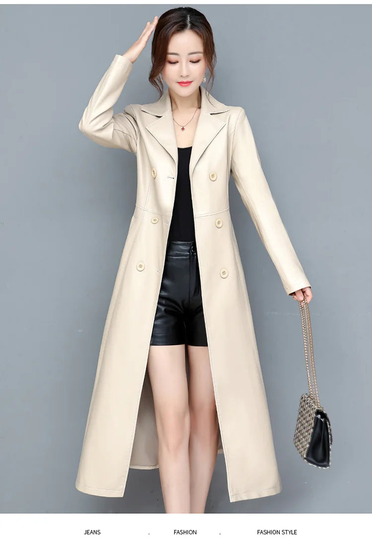 M-7XL New Women Sheepskin Coat Spring Autumn 2025 Fashion Double Breasted Long Jacket Sheep Leather Overcoat Suede Outerwear