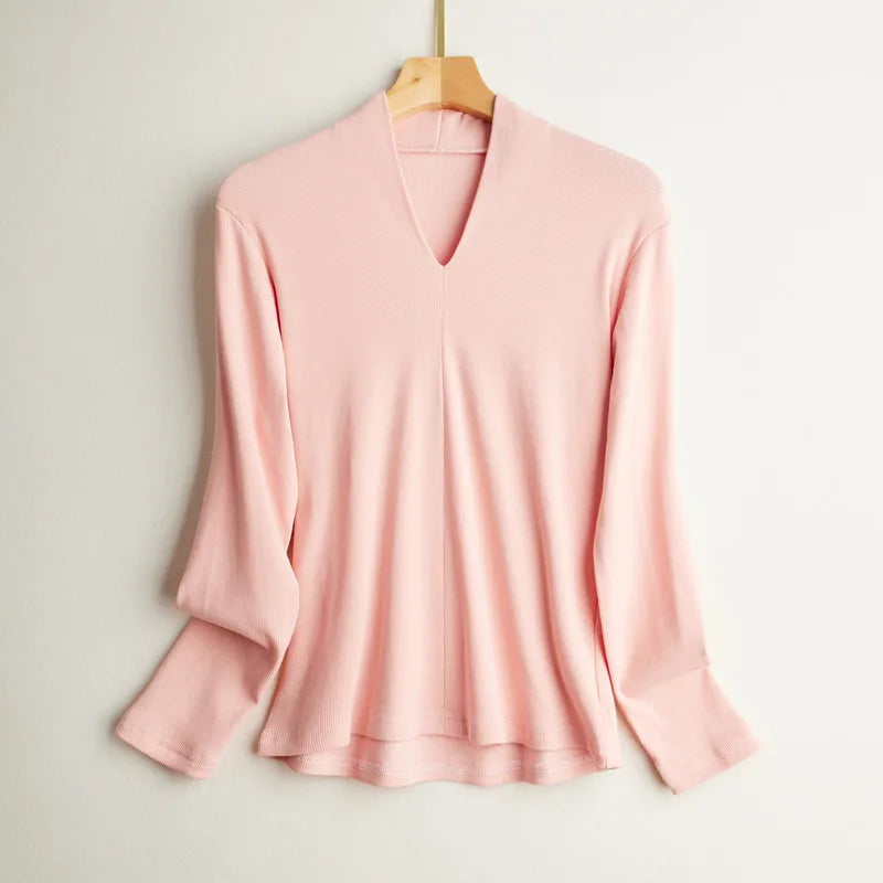 Silk Long Sleeve T-Shirt Elastic Slim Fit V-neck Pullover Thread Solid Color Mulberry Silk Brushed Women's Bottoming Shirt