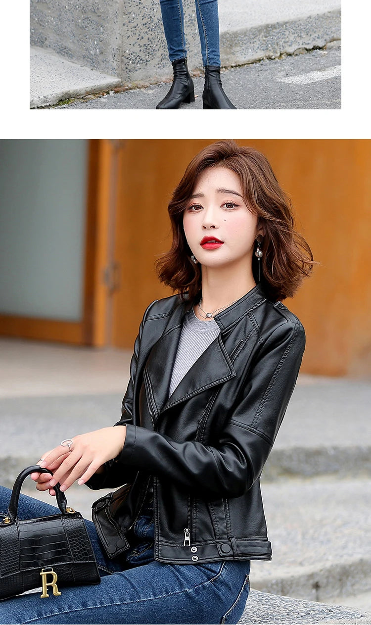M-5XL New Women Leather Jacket Spring 2025 Fashion Solid Color Slim Short Sheepskin Coat Moto&Biker Style Tops Outerwear Female