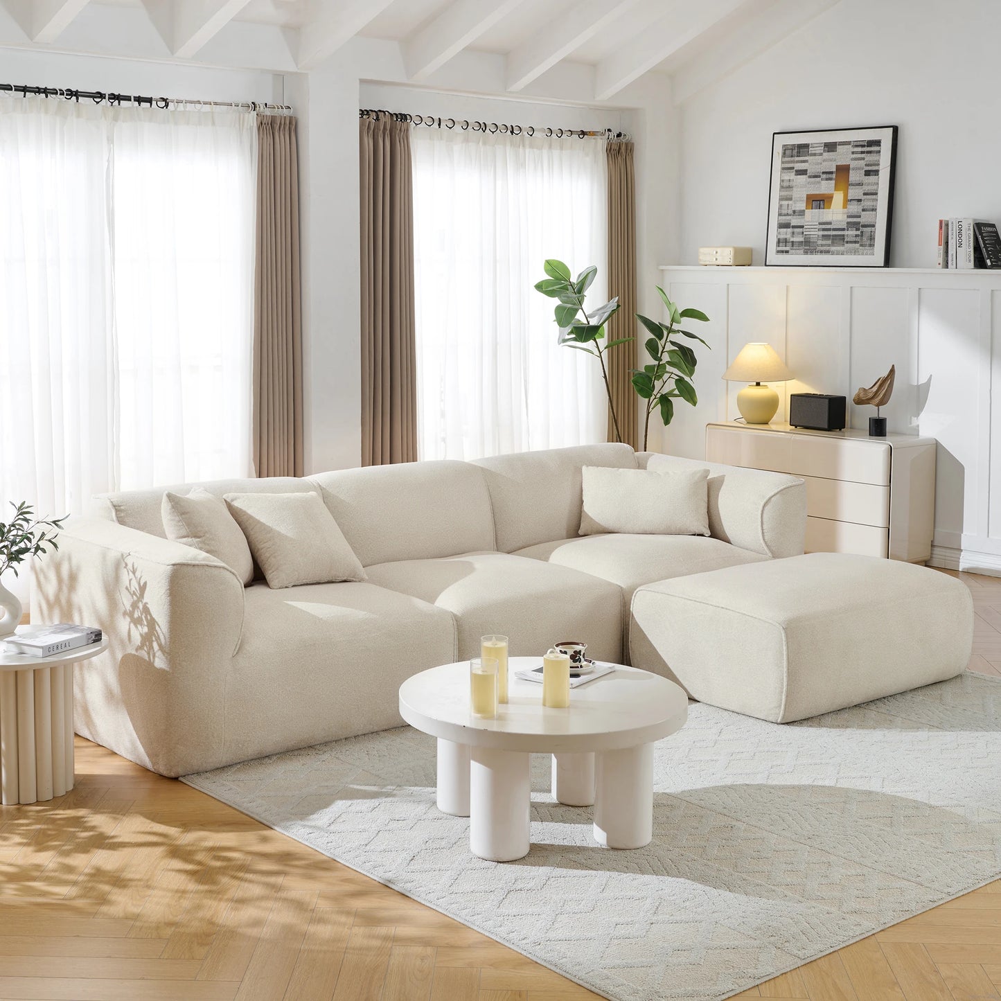 Luxury Living Room L-Shaped Modern Convertible Sofa Set 4-Seater Pure Sponge Seat Cushions Detachable Footstool for Hotel Bed