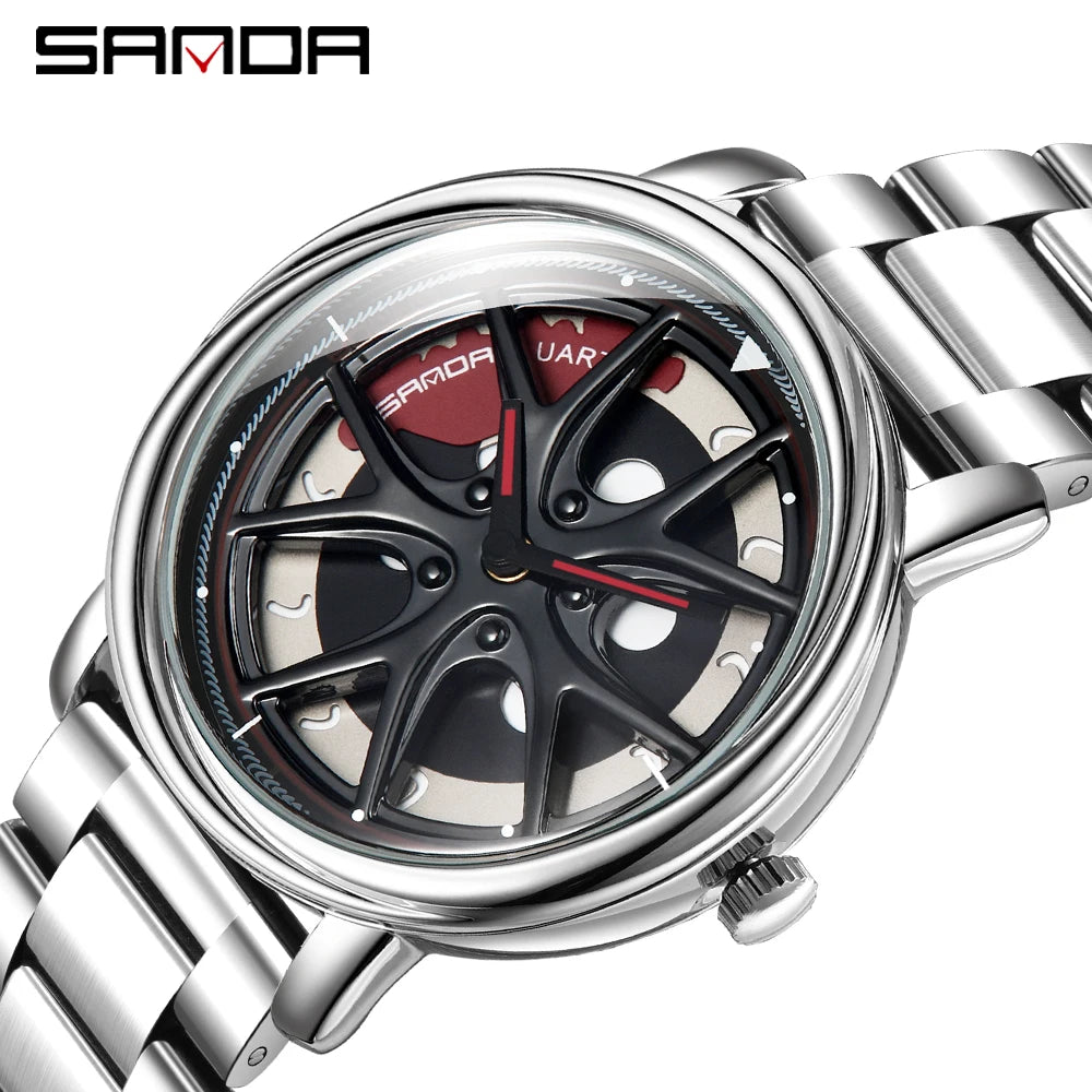 Men Watch Car Wheel Rim Hub Dial Male Wristwatch Skeleton Man Black Waterproof Watches Stainless Steel Quartz Relogio Masculino