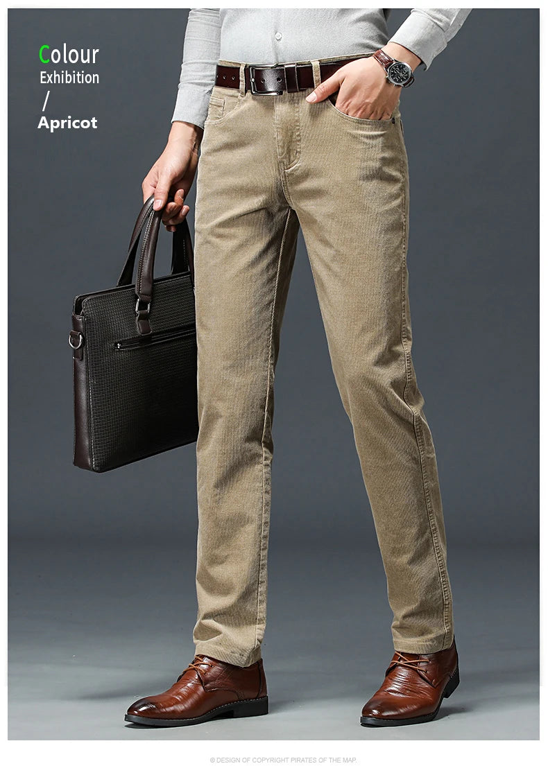 Spring Autumn New Men Pants Corduroy Fabric Comfortable Soft Casual Business Office Male Trousers Khaki Apricot Black Blue