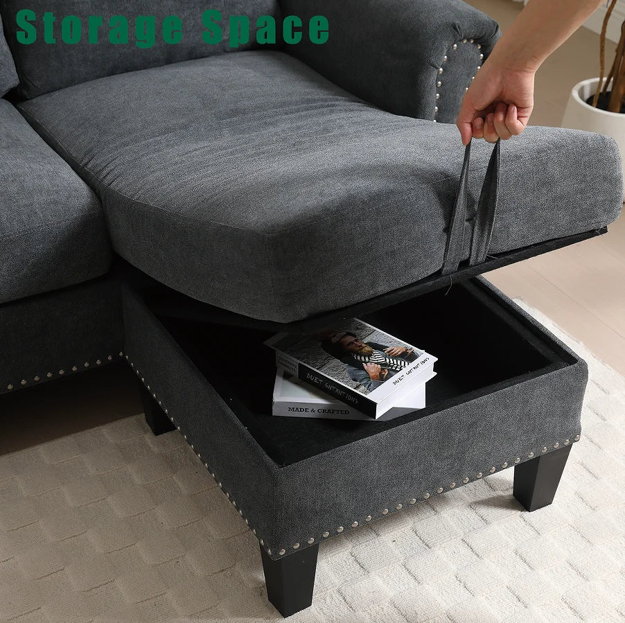 Convertible L-Shaped Sectional Sofa Set with Storage and Sofa Bed Four-Seater Linen Fabric