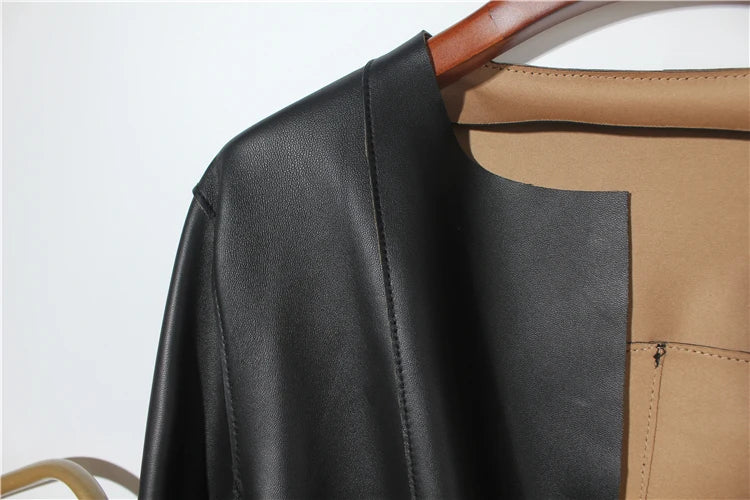 European Fashion Women Clothing Female Real Leather Jacket Mujer Draw Back Round Neck Pleated Belt Caramel Coat Veste Femme