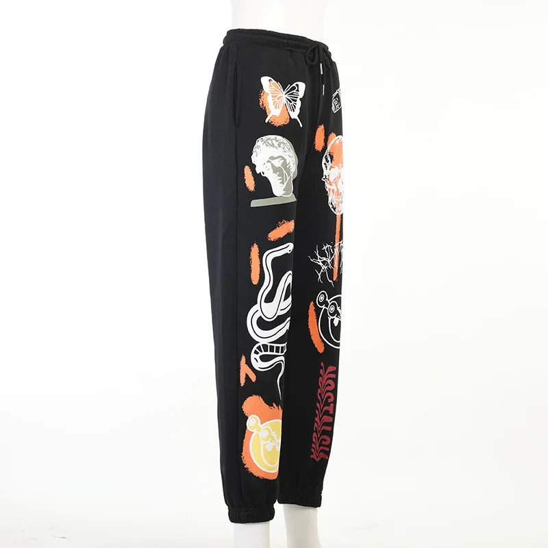 Sweatpants Women Hippie Cartoon Printed Trouser Joggers for Women Drawstring Cargo Pants Streetwear Casual Sweatpant Vamos Todos