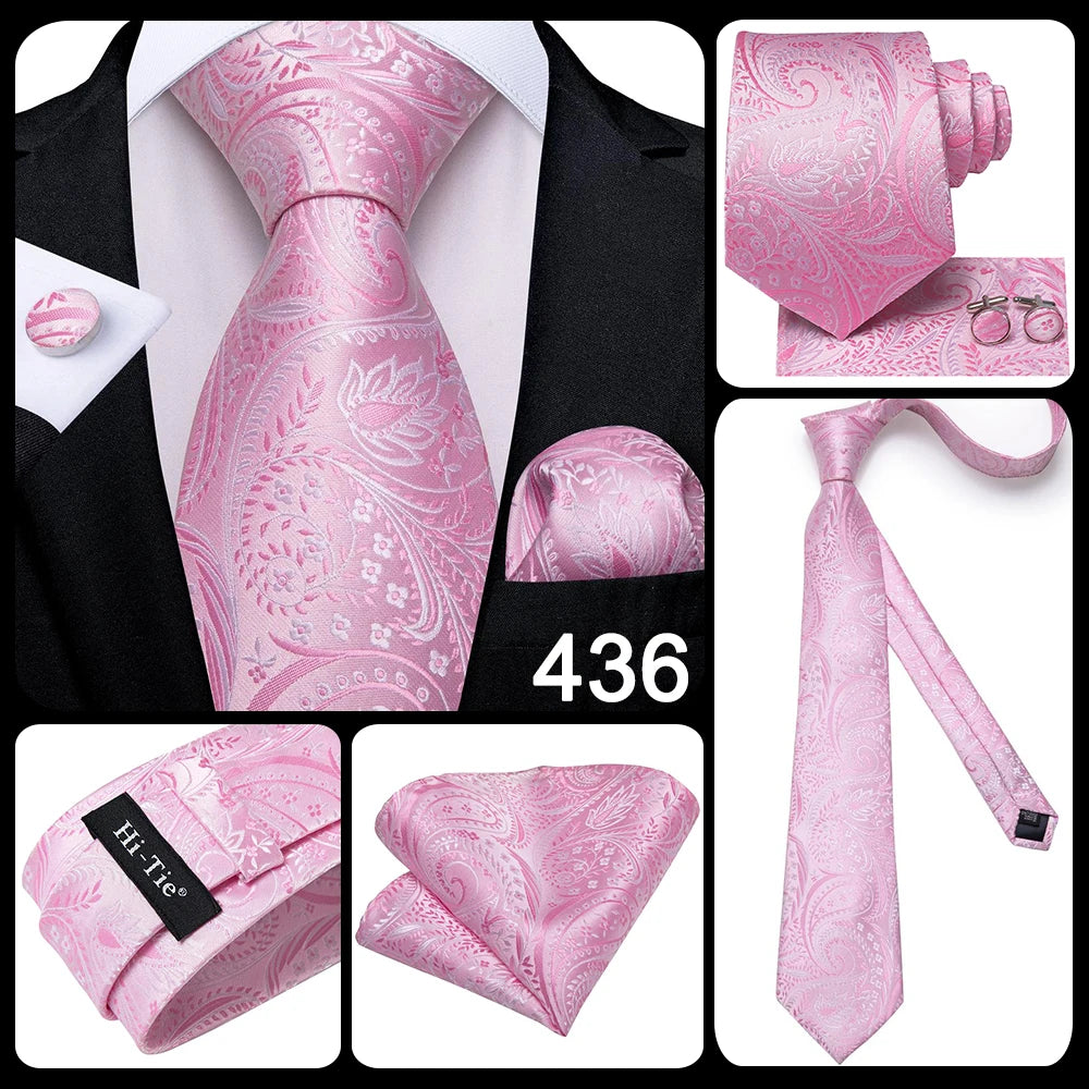 Hi-Tie Silk Men Tie Peach Pink Floral Wedding Necktie for Men Luxury Necktie Handkerchief Cufflink Fashion Design Business