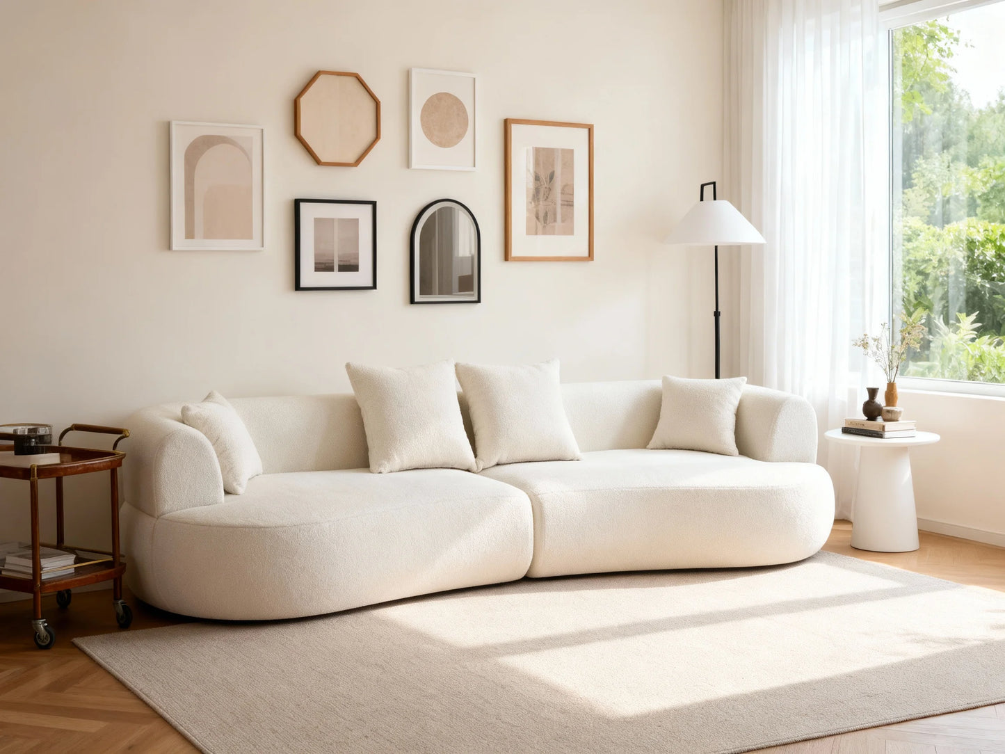 Modern White Sherpa Fabric Curved Sofa Set Convertible Adjustable Semi-Circular Boucle Bed Home Furniture for Hotel Apartment