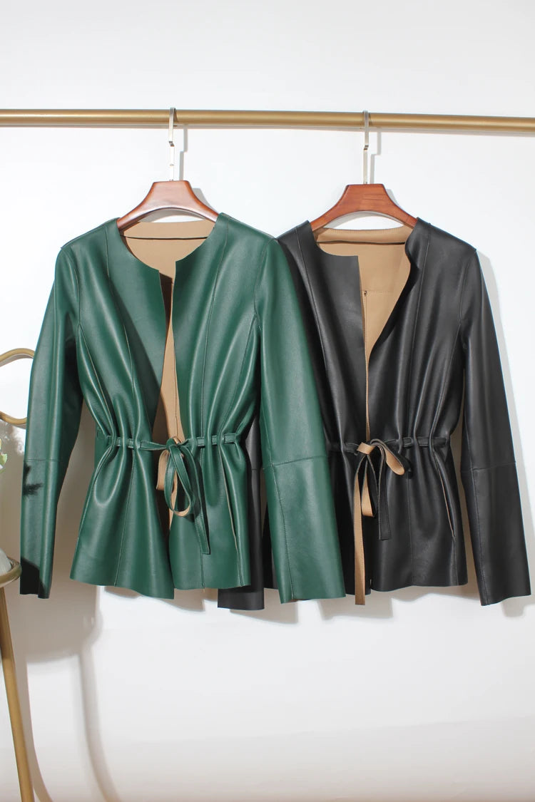 European Fashion Women Clothing Female Real Leather Jacket Mujer Draw Back Round Neck Pleated Belt Caramel Coat Veste Femme