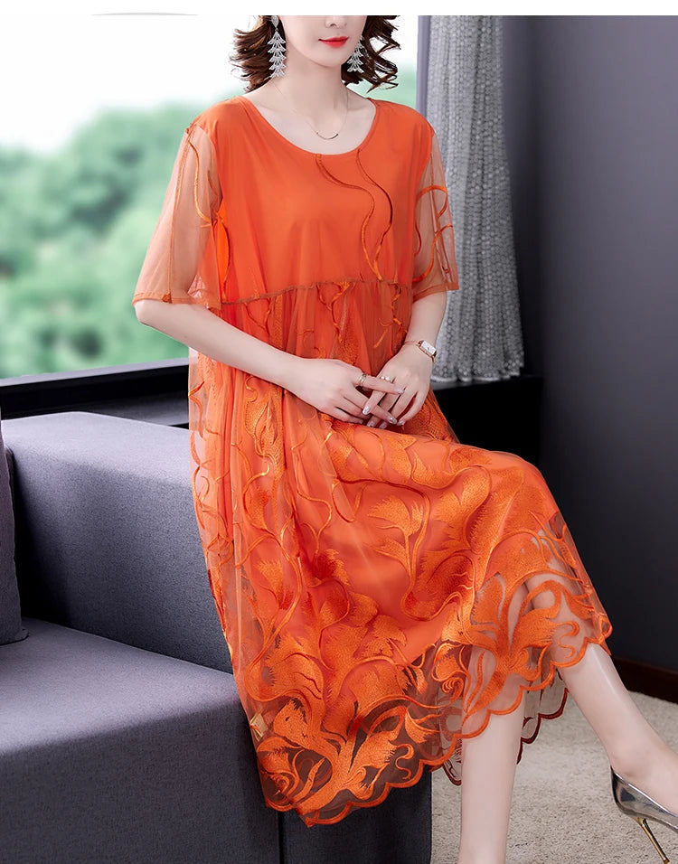 High Street Natural Silk Floral Embroidery Midi Dress Summer Casual Vintage Loose Beach Dress 2024 Women Elegant Party Vestidos
