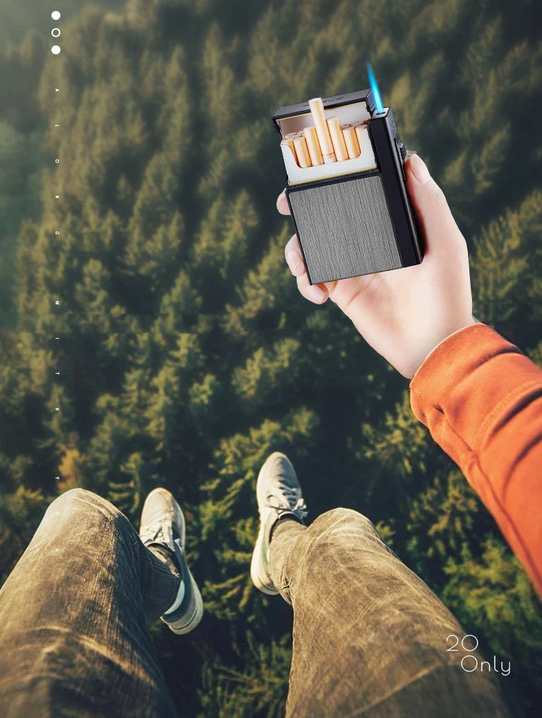 20 Sticks Cigarette Case Metal Lighter Turbo Butane Cigarette Capacity Gas Cigarette Lighter Gadget Lighter Box Men's Gift