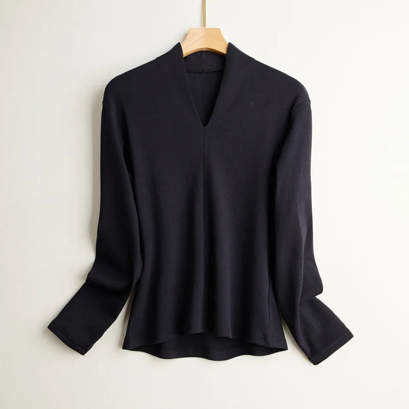 Silk Long Sleeve T-Shirt Elastic Slim Fit V-neck Pullover Thread Solid Color Mulberry Silk Brushed Women's Bottoming Shirt