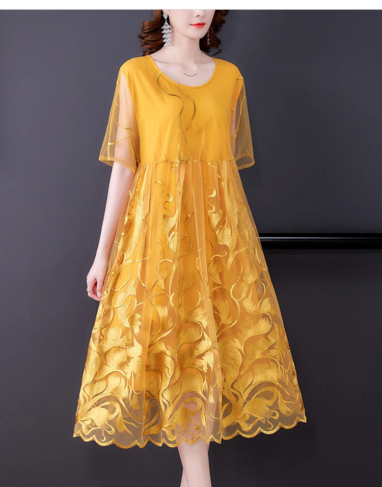High Street Natural Silk Floral Embroidery Midi Dress Summer Casual Vintage Loose Beach Dress 2024 Women Elegant Party Vestidos