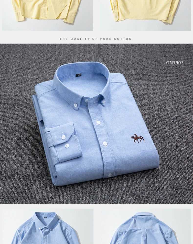 S-6XL Casual Pure Cotton Oxford Mens Shirts Long Sleeve Embroidery Horse Design Regular Fit Fashion Button Man White Dress Shirt