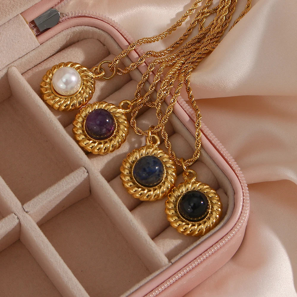 E.B.belle   Elegant Natural Stone Black Carnelian Lapis Lazuli Amethyst Simulated Pearl Pendant Necklace Rope Chian Necklace