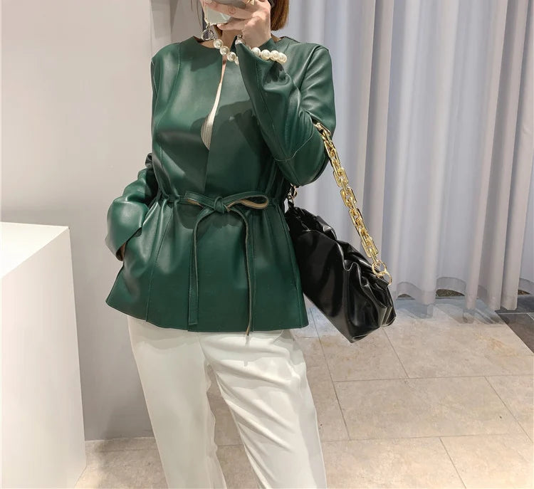 European Fashion Women Clothing Female Real Leather Jacket Mujer Draw Back Round Neck Pleated Belt Caramel Coat Veste Femme