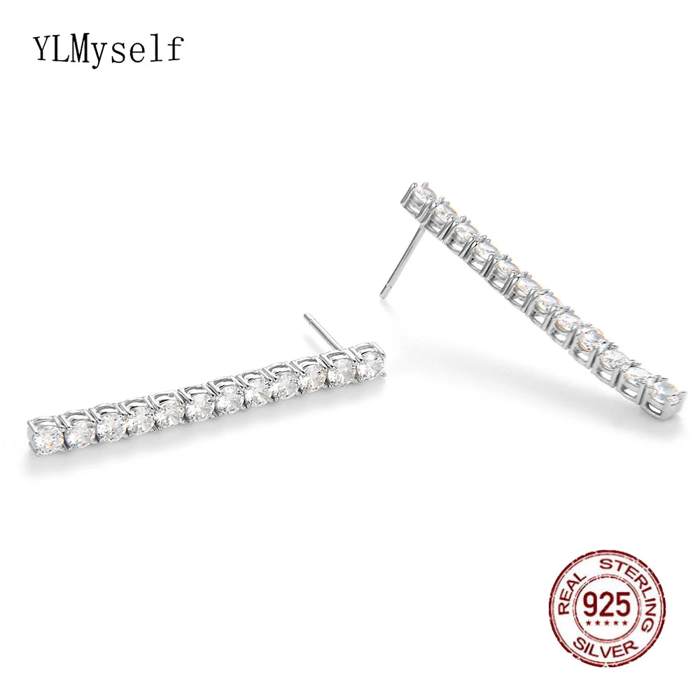 Real Sterling Silver 3mm Round Cubic Zirconia 38mm Height Dangle Design Solid 925 Metal Jewelry Tennis Earrings
