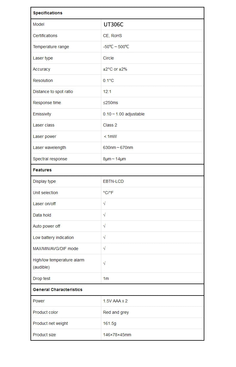 UNI-T UT306S UT306C Digital Infrared Thermometer Non-contact Laser Thermometer Gun Temperature Tester -50-500