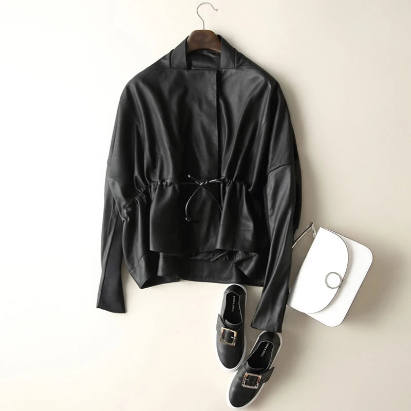Women's Clothing Great Texture Women Loose Casual Genuine Leather Jacket Female Imported Frosted Sheepskin Drawstring Waist Coat