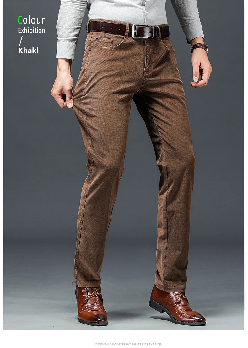 Spring Autumn New Men Pants Corduroy Fabric Comfortable Soft Casual Business Office Male Trousers Khaki Apricot Black Blue