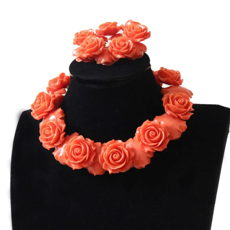 Dudo Jewellery Set 25mm Coral Flowers 18 Inches Necklace 8 Inches Bracelet with Earrings African beads Nigerian Wedding New